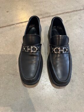 Salvatore Ferragamo Black Leather Bit Loafers with Silver-Tone Hardware